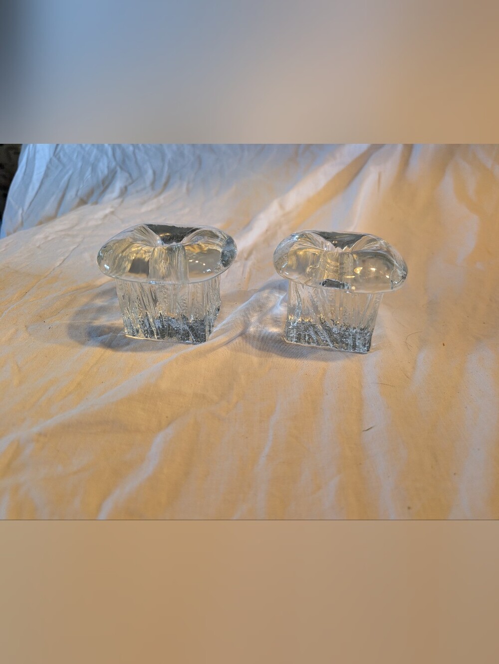 2/60$ Vintage Clear Glass mushroom Candle Holders - Pair